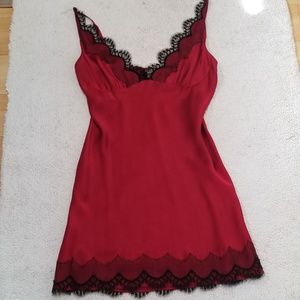 Red w Blk Lace Chemise, 100% Silk. Size M